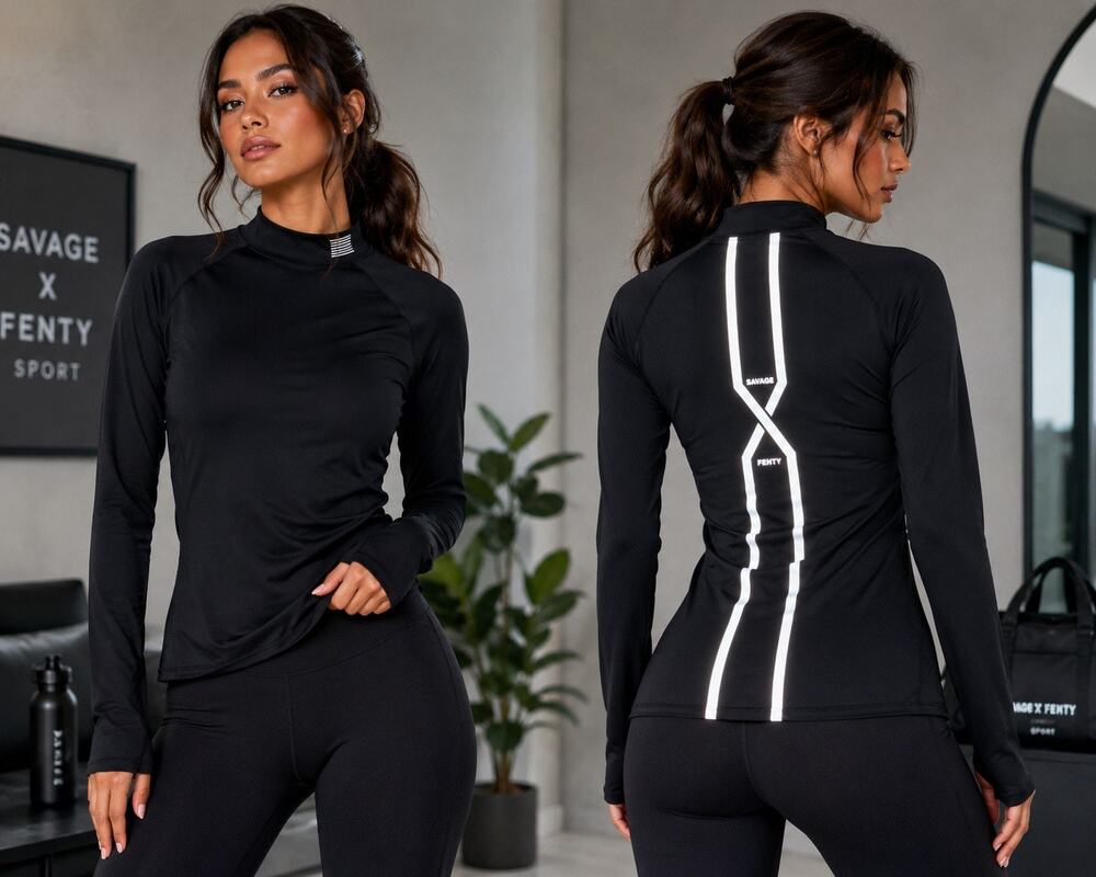 Savage X Fenty Sport XS Black Compression Long Sleeve Workout Top Reflective New
